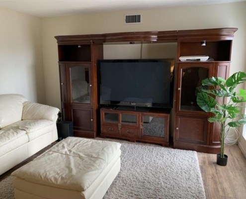 0d373979-a72b-4f48-bbd0-4a8d752b28db Large TV in dark wood entertainment center, cream couch, ottoman, soft rug, and potted plant create a bright and inviting living room.
