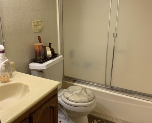 d39b5e97-d473-4f50-aae3-7e1b5fa73361 Cozy bathroom with a sink, toilet, floral rug, and a modern shower featuring frosted sliding doors.